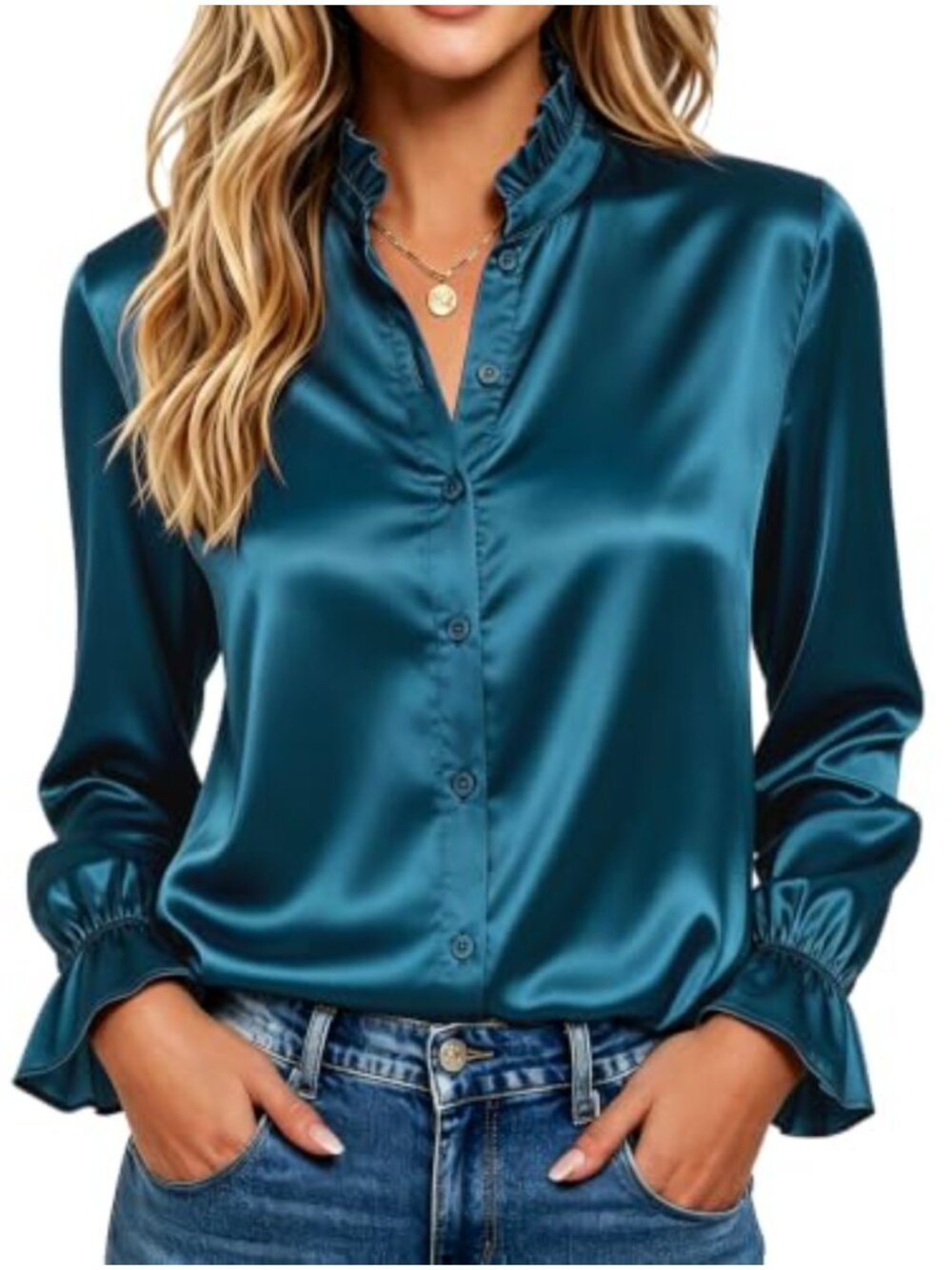 Satin Silk Ruffle Long Sleeve Button Down Blouse